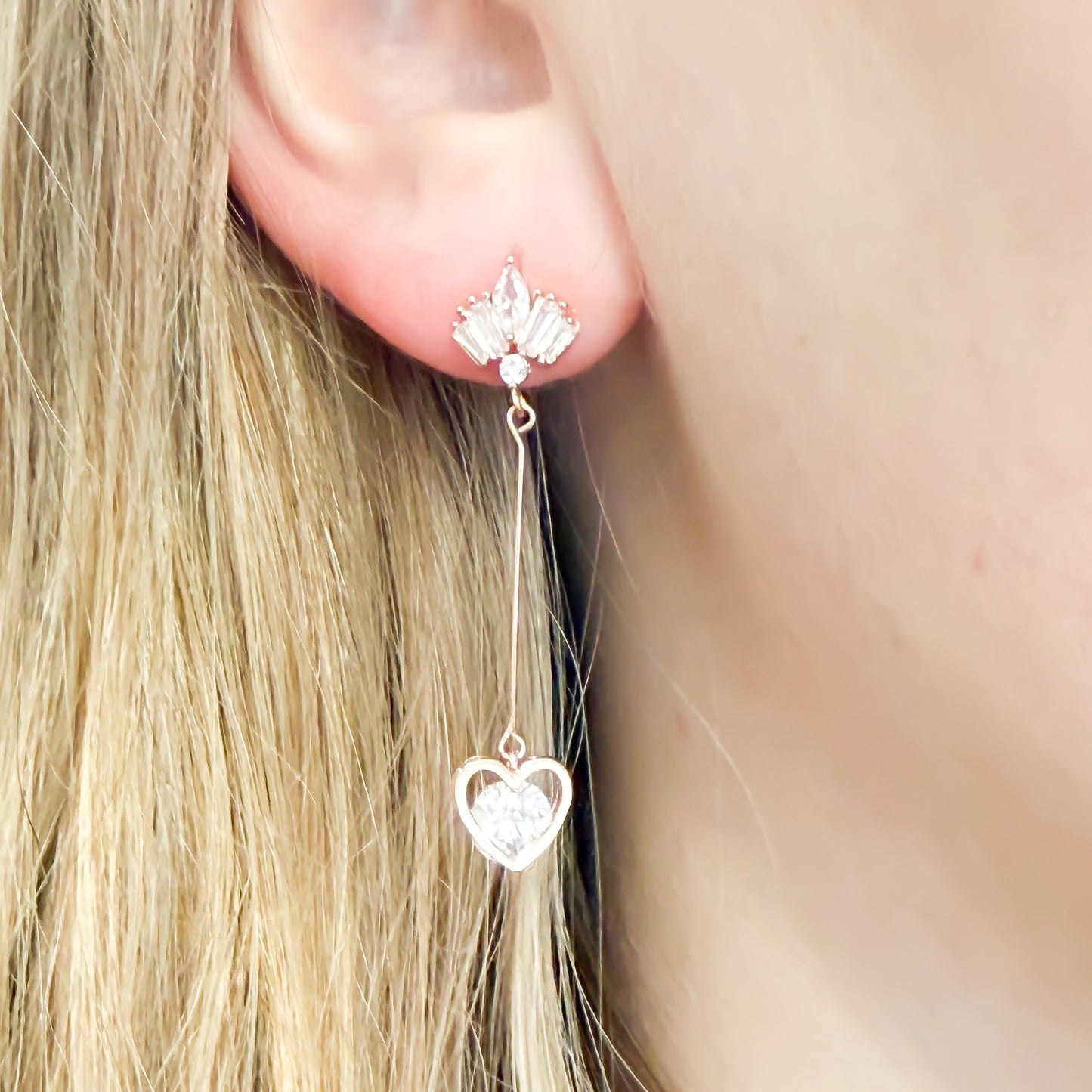 Cubic Zirconia Rose Gold Drop Heart Earrings