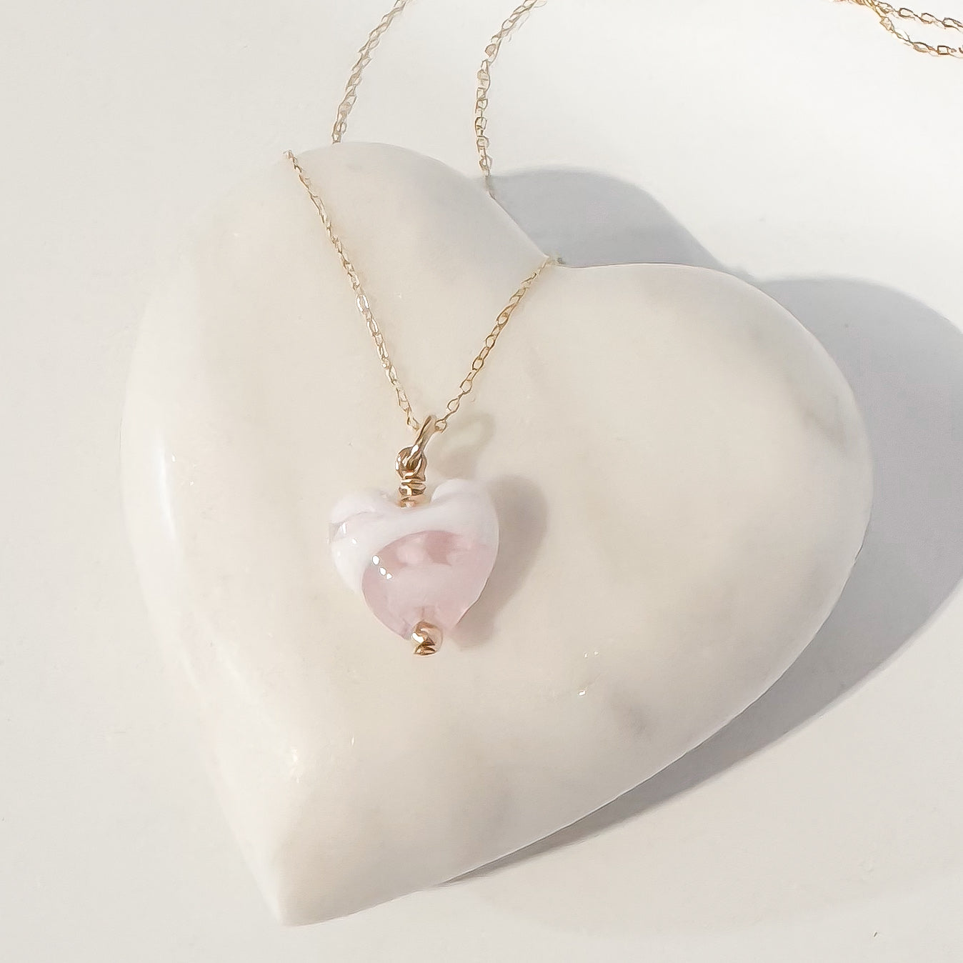 Pink & White Glass Heart Necklace