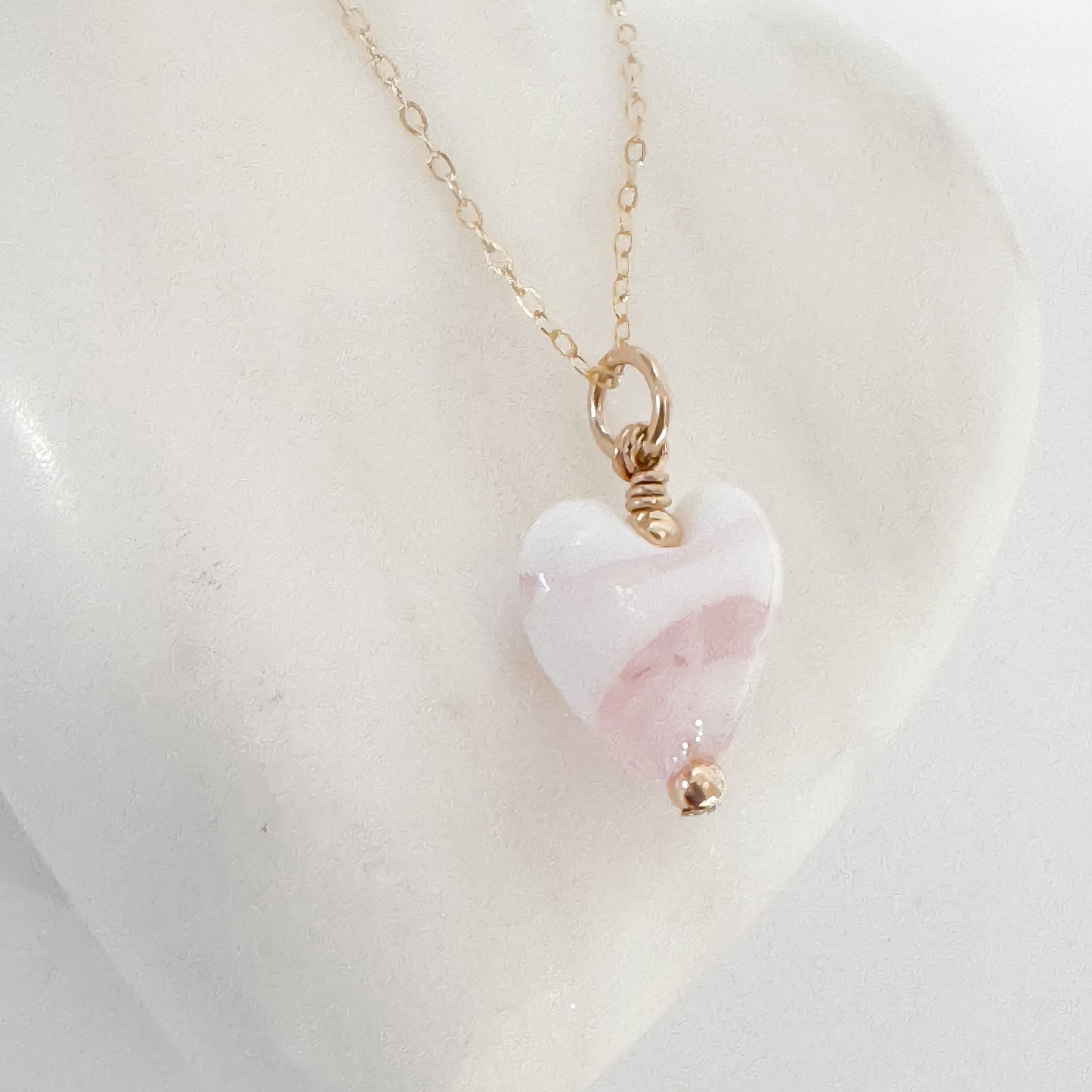 Pink & White Glass Heart Necklace