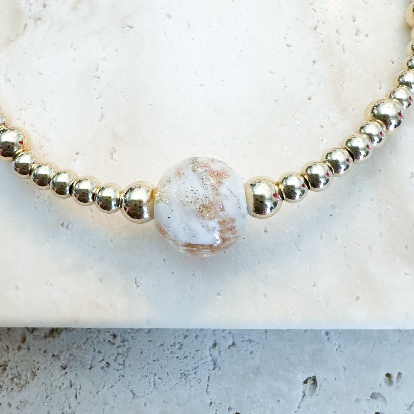 White Venetian Murano Glass Bead on Gold Filled Bracelet