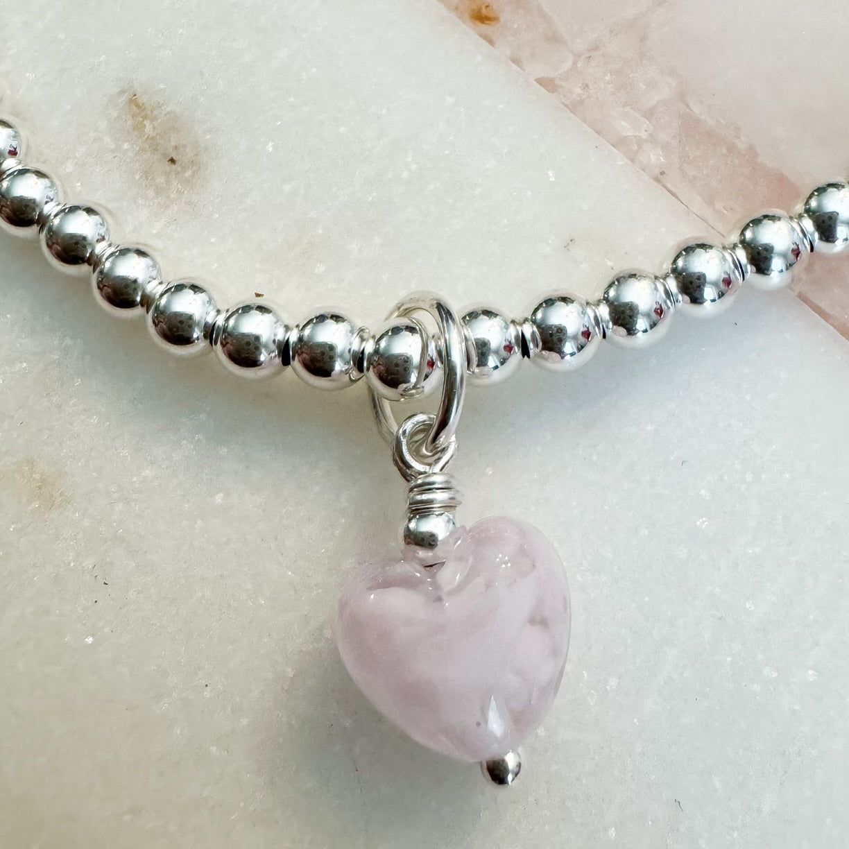 Pink Venetian Murano Glass Heart Bead on Sterling Silver Bracelet