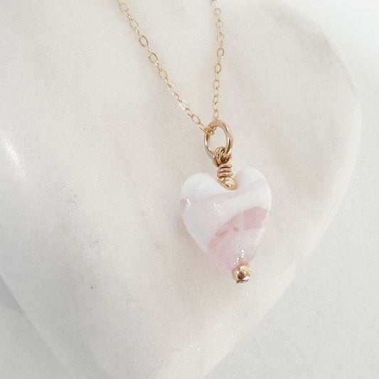 Pink & White Glass Heart Necklace